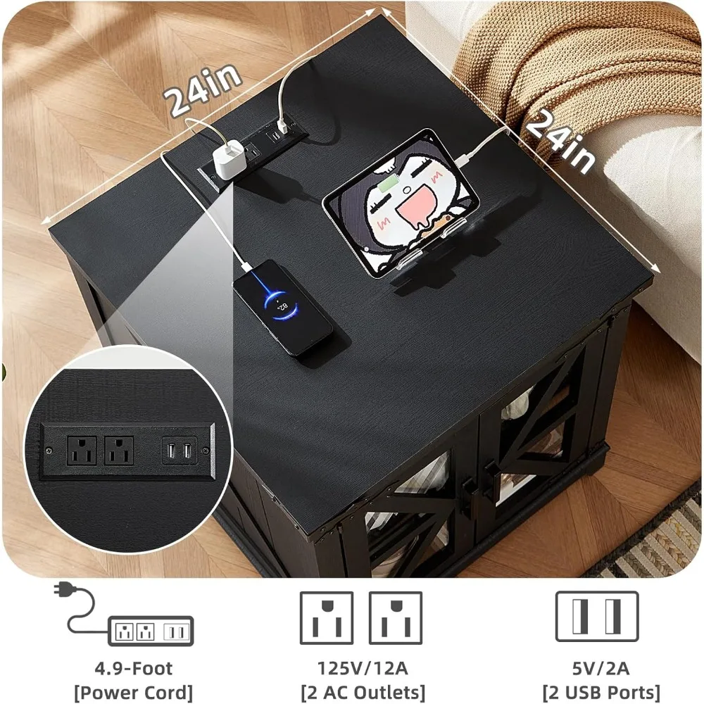 Two-Piece Farmhouse Coffee and End Table Set with Charging Station and Hidden Storage