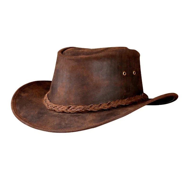 Men Brown Genuine Leather Cowboy Hat