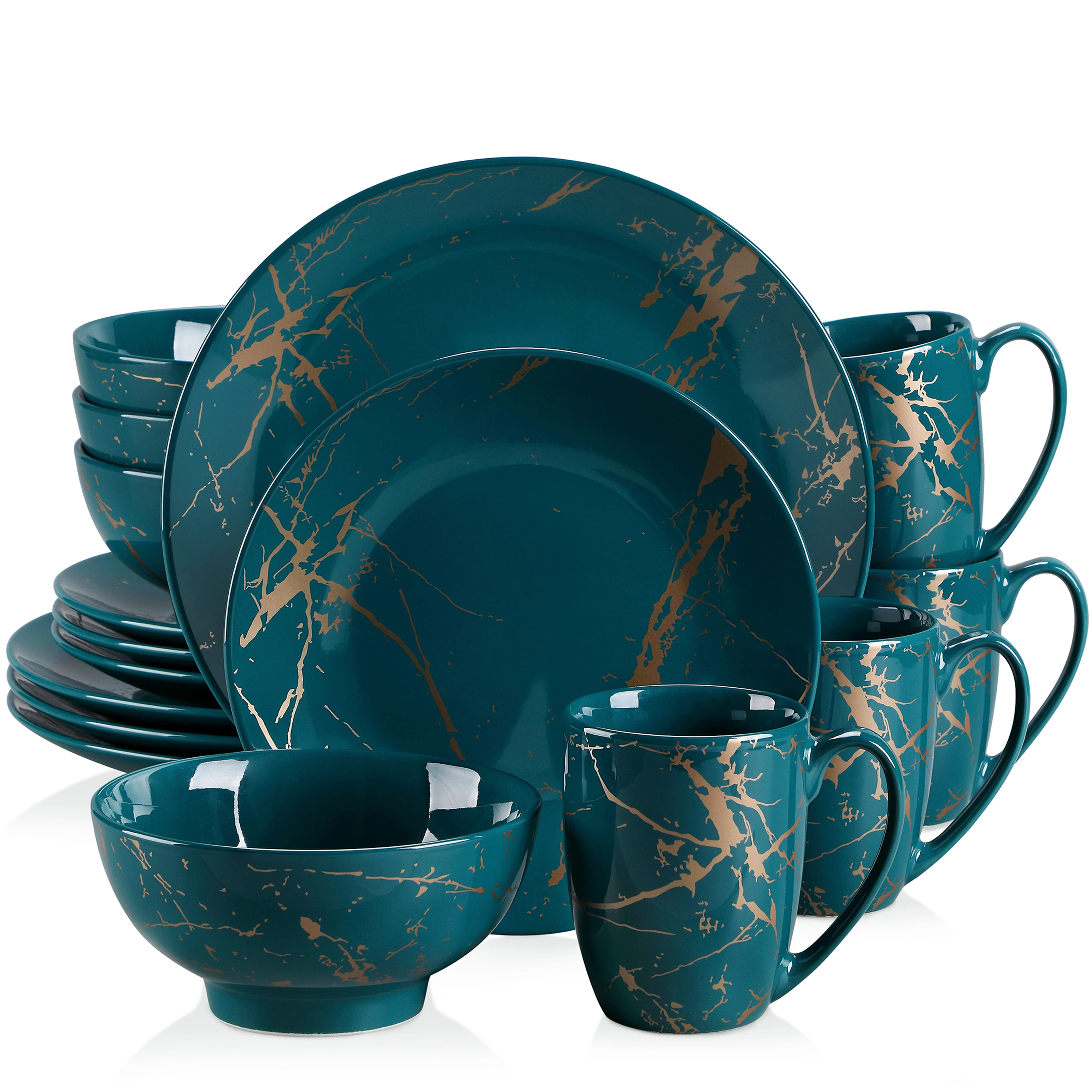 LOVECASA 16/32-delige zwart blauw porseleinen serviesset ontwerp van Gold Splash met dinerbord, taartbord, kommen, koffiekopjes