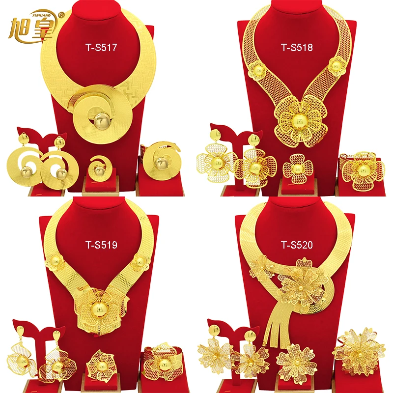 

XUHUANG Dubai Copper Alloys Jewellery Sets Indian Luxury Gold Color Necklace Sets For Women Arabic Jewelry Wedding Party Gifts