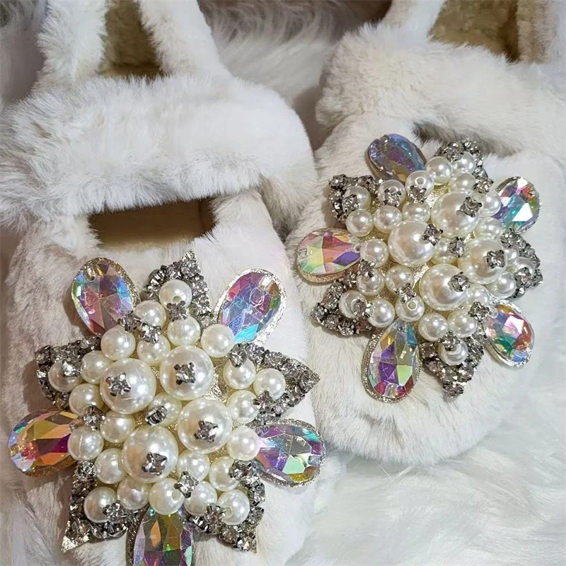 Luxury Crystal Pearl Gemstone Accessories Wedding Party Naked boots Handmade custom white shallow cut women\'s cotton shoes 35-40