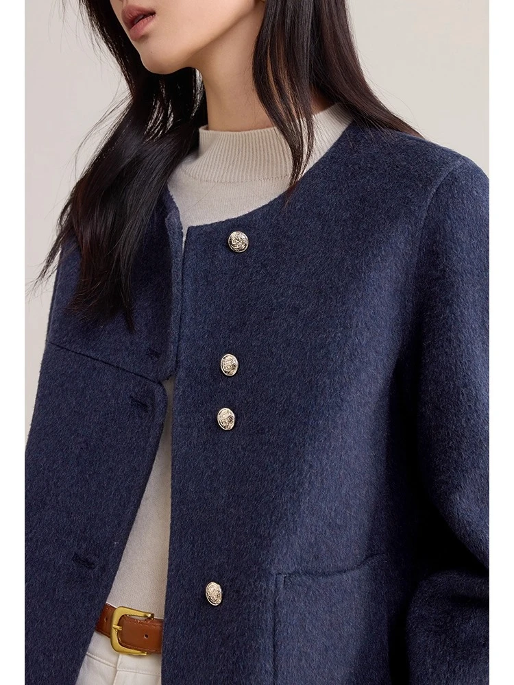 SENTUBILA Women's Wool Coat Double-Faced Wool Round Neck Long-sleeve Short Coats 2025 Winter Loose-Fit Lady Clothing W54OF8763