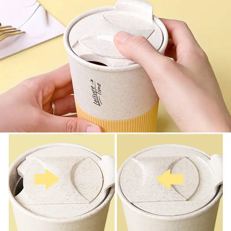 350ML Portable Coffee Cup Double Wall Mug Wheat Straw Plastic Travel Water Bottle With Lid Reusable for Coffee Drinks