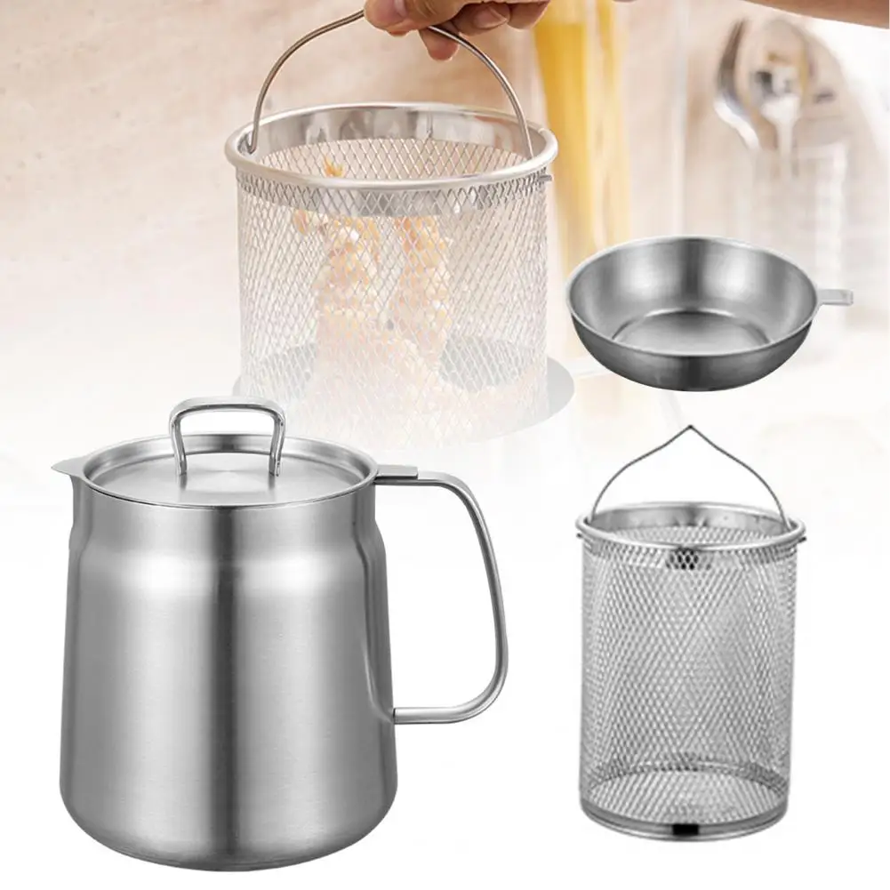 1500/2000ML Oil Filter Can Stainless Steel Pot Oil Filter Vessel Fryer Pan with Fine Mesh Bacon Grease Container Kitchen Cooking