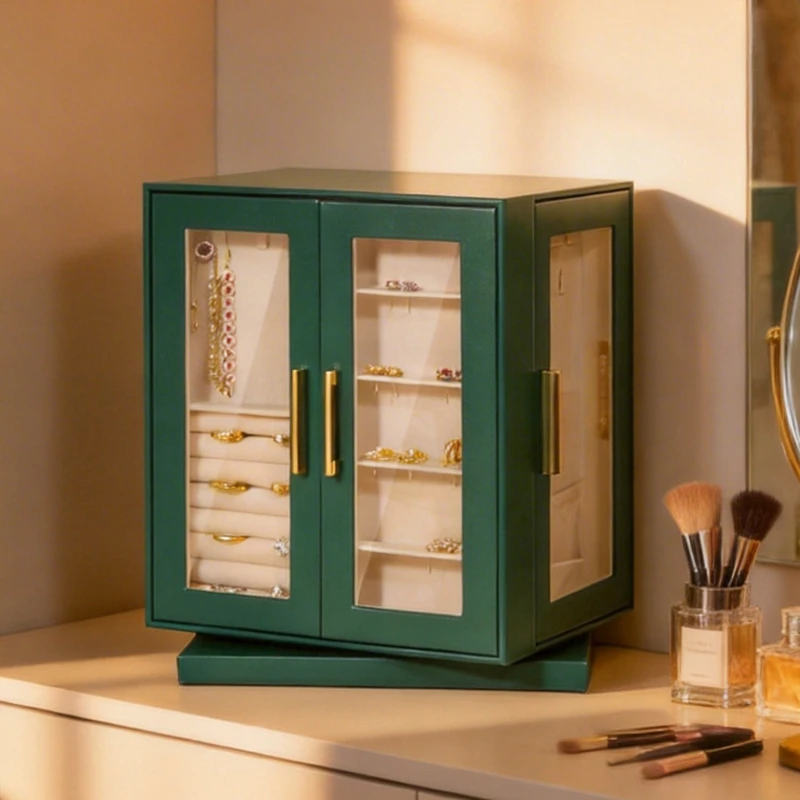 Rotatable Jewelry Storage Box Large Capacity Jewelry Organizer Boxes Leather Necklace Ring Display Box Women's Earring Boxes