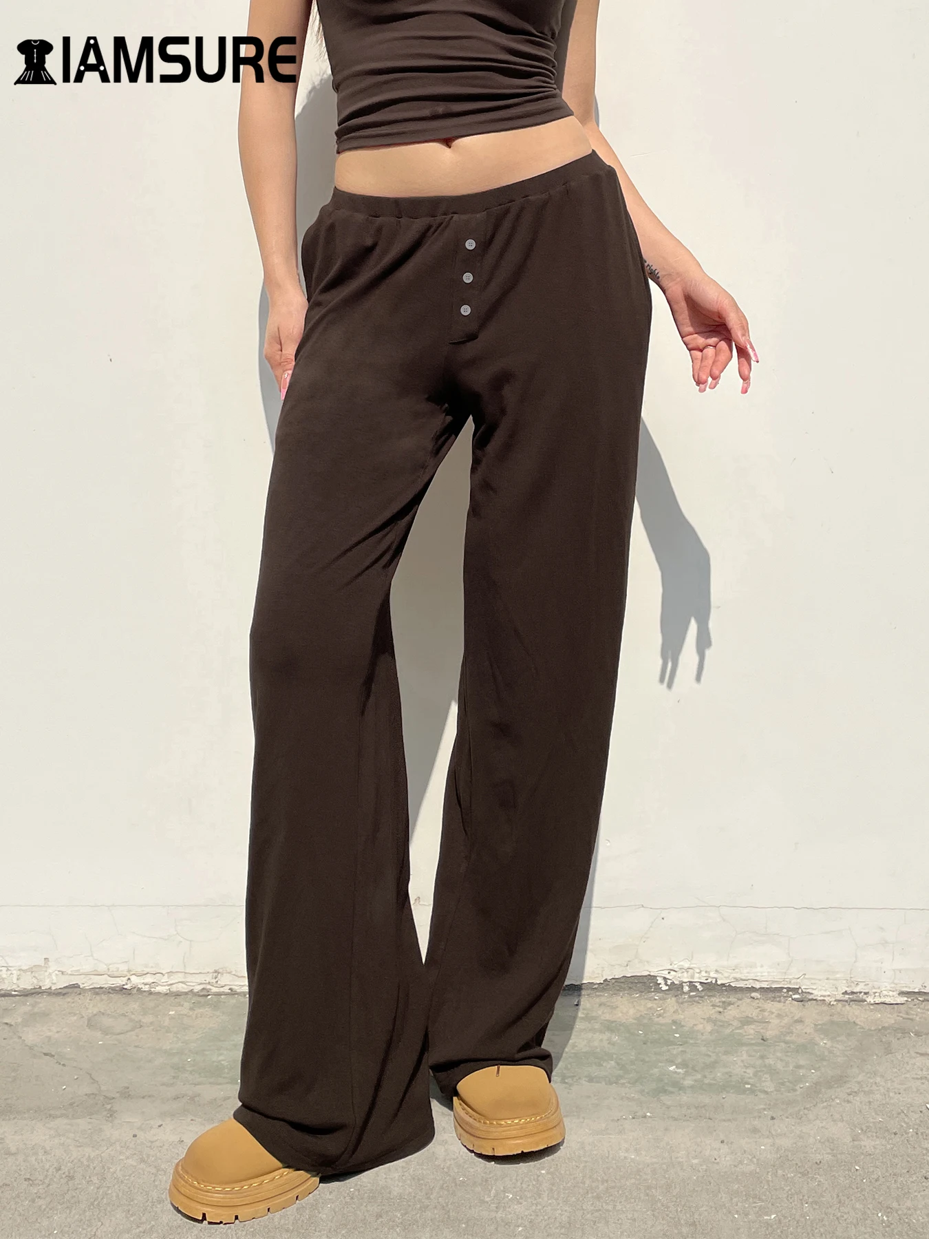 IAMSURE Casual Solid Straight Pants Loose Mid-Waisted Knitted Wide Leg Pants Women 2024 Autumn Spring Fashion Streetwear Ladies