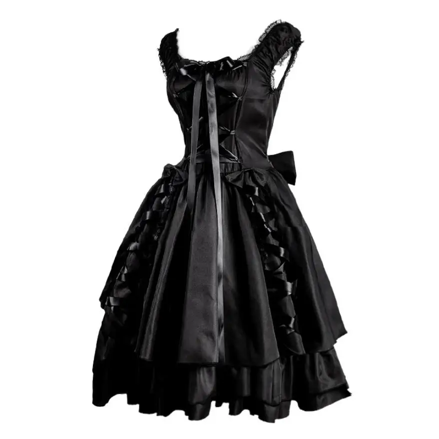 Gothic Duisternis Lolita Kostuum Middeleeuwse Mouwloze Lace Up Prinses Jurk Steampunk Layer Vrouwen Goth Halloween Fancy Outfit