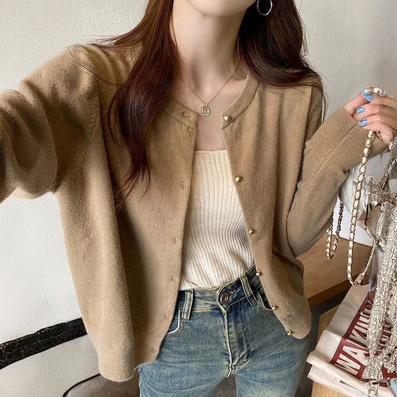 

Женский свитер, кардиган с металлическими пуговицами, длинный рукав, круглый вырез, приталенный кардиган, куртка, пальто, женская элегантная мода