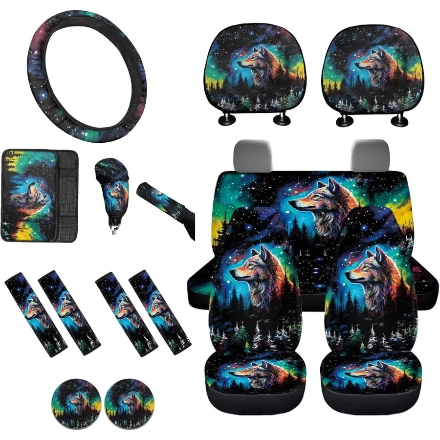 

Full Set Car Seat Cover with Galaxy Wolf Print for Enhanced Interior Protection and Style Includes Soft Steering Wheel Cover Ar