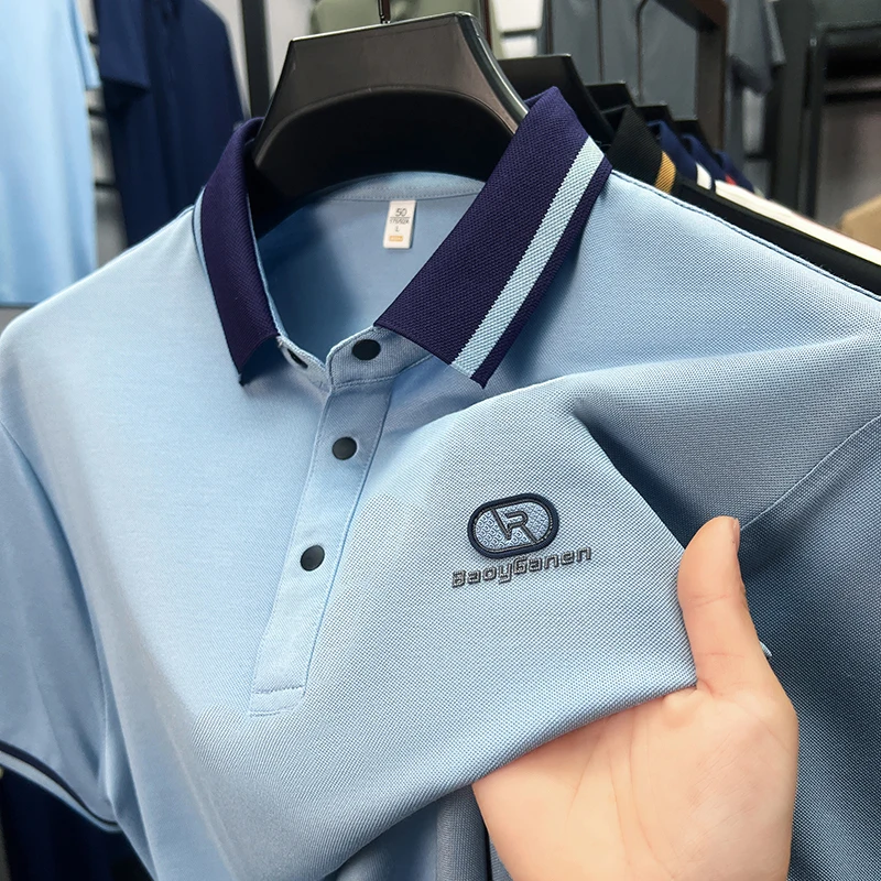 

High end brand mulberry silk short sleeved men's polo shirt summer fashion customization concave convex logo design top T-shirt
