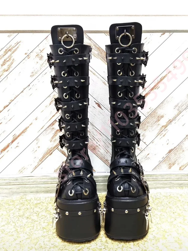 2026 Gothic Black Platform Knee High Boots Women Skull Spike Rivet Multi Buckle Straps Lace Up Side Zip Punk Cosplay Tall Boots view 3