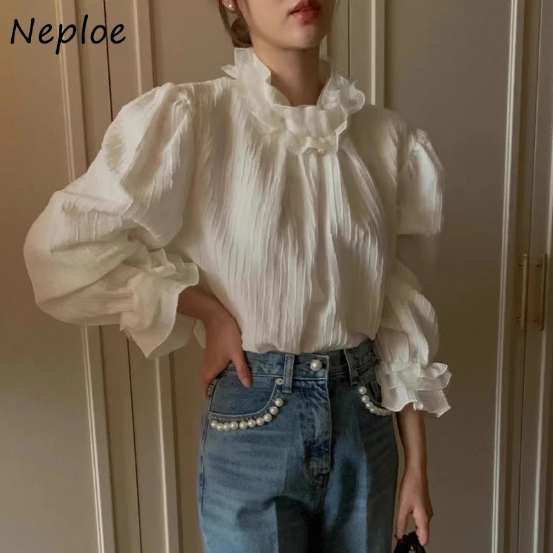 Neploe Chic French Celebrity Style Lace Standing Neck Texture Design Blouses Femme 2024 Autumn Loose Versatile Long Sleeve Shirt