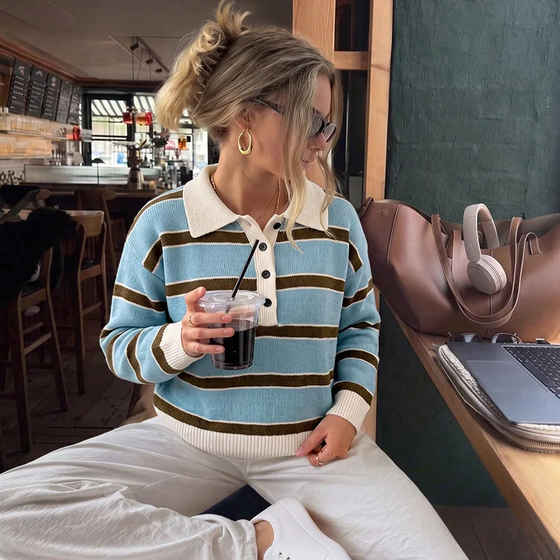 Winter Women Stripe Polo Collar Knit Sweater Top Half Button Long Sleeve Loose Daily Casual Pullover Casual Women's Sweater