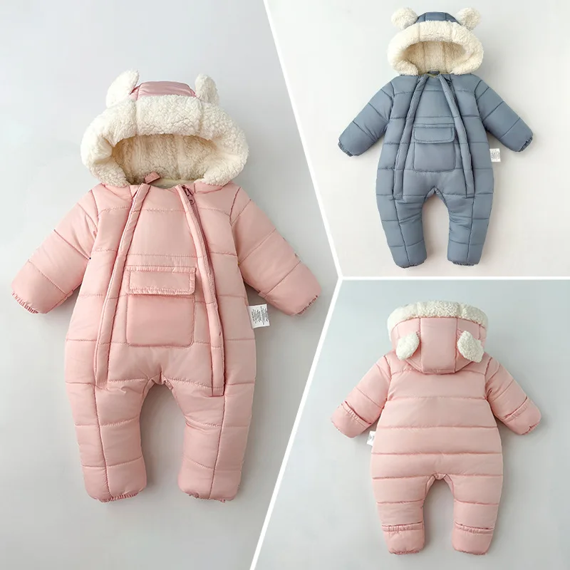 2026 Winter Baby Clothes Children Solid Color Plush Thickened Hooded Jumpsuits Infant Warm Casual Double Zipper Romper Clothes