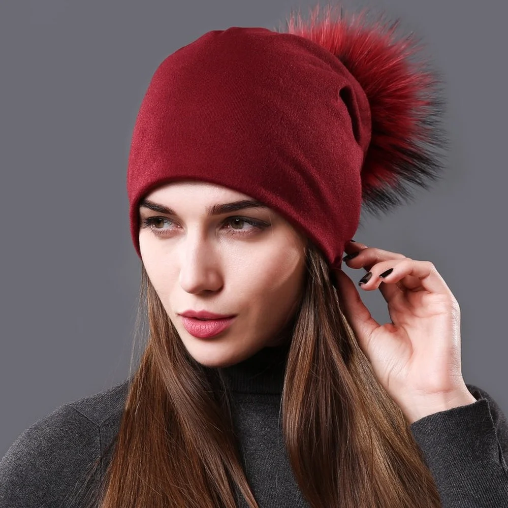 New Autumn Winter Knitted Wool Hats Women Fashion Pompon Beanies Fur Hat Female Warm Caps with Natural Genuine Raccoon Fur Cap