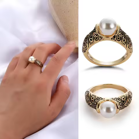 Women Vintage S925 Silver Gold Plated Jewelry Ring Artificial White Pearl Ring Wedding Engagement Casual Gift