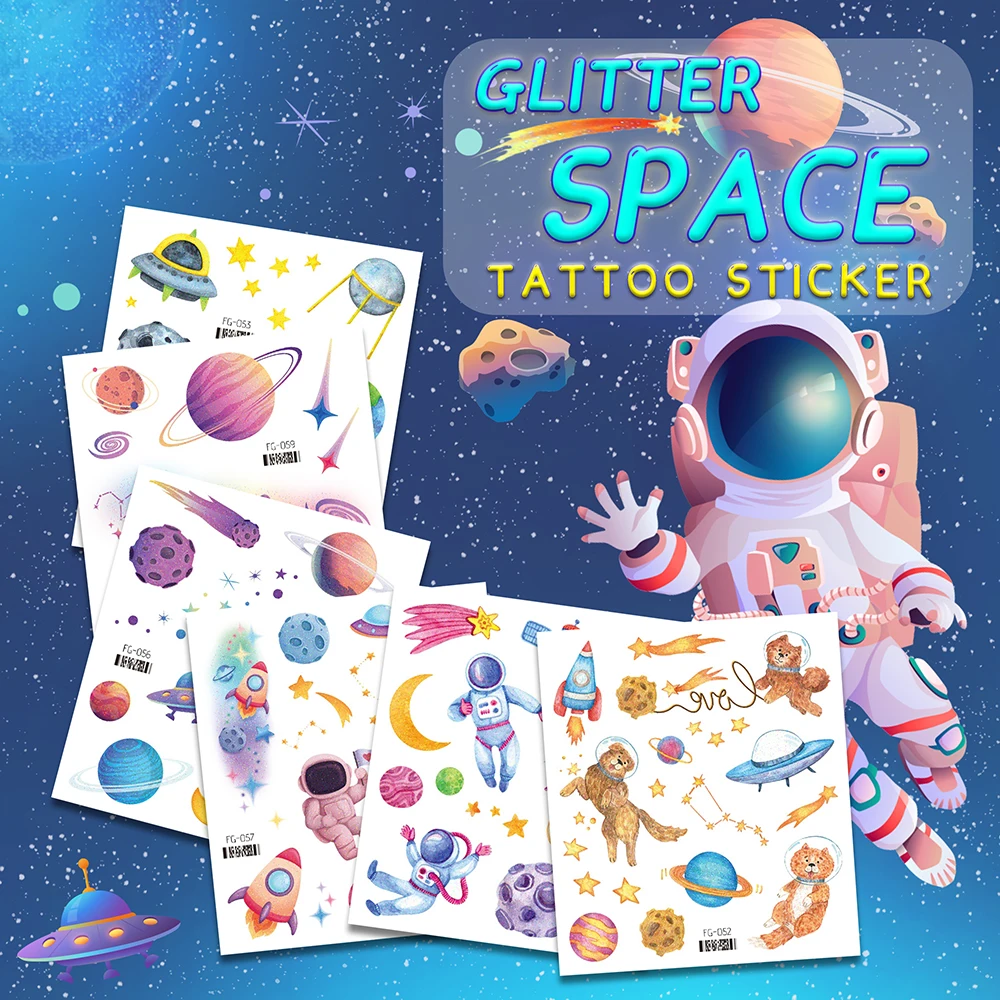 

Блестящие татуировки космонавта, водонепроницаемые 5-дневные боди-арт со звездами/солнцем/луной для космических дней рождения, бассейна и космических вечеринок