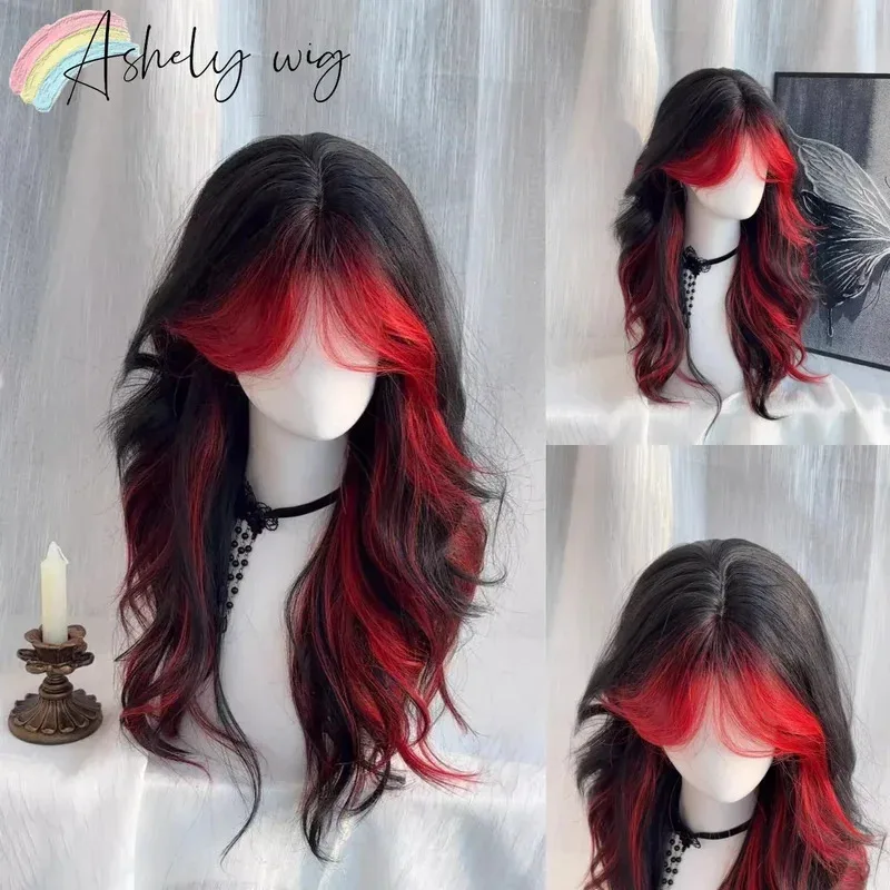 

Красный, черный парик с эффектом омбре для женщин, длинный волнистый парик из волос, 21 дюйм, средняя прическа Y2K, Лолита, косплей для ежедневного использования, синтетический парик