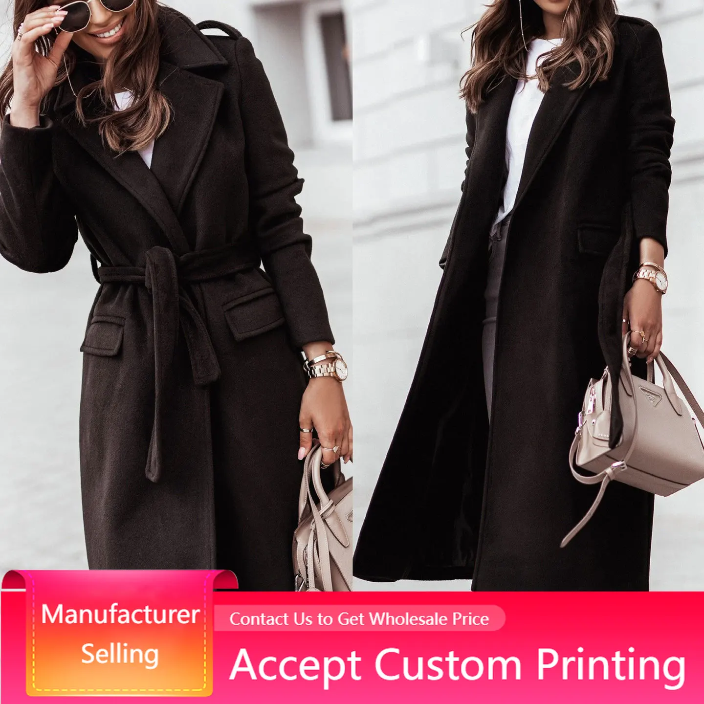 Women Woolen Coat Belt Long Trench Jacket Loose Outwear Down Solid Warm Autumn Winter Clothing Elegant Wool Blend Wrap Coat