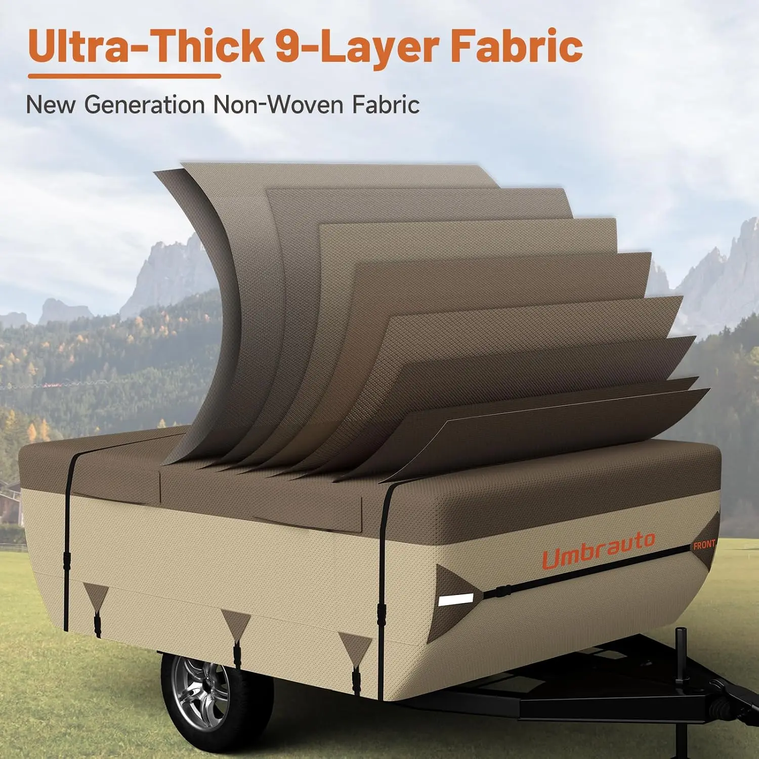 Folding Tent Trailer Pop-Up Camper Cover, 08'-10' Fit, Upgraded 9-Layer Top, Heavy-Duty Waterproof Windproof Sun-Resistant, All-Weather Winter Snow Protection