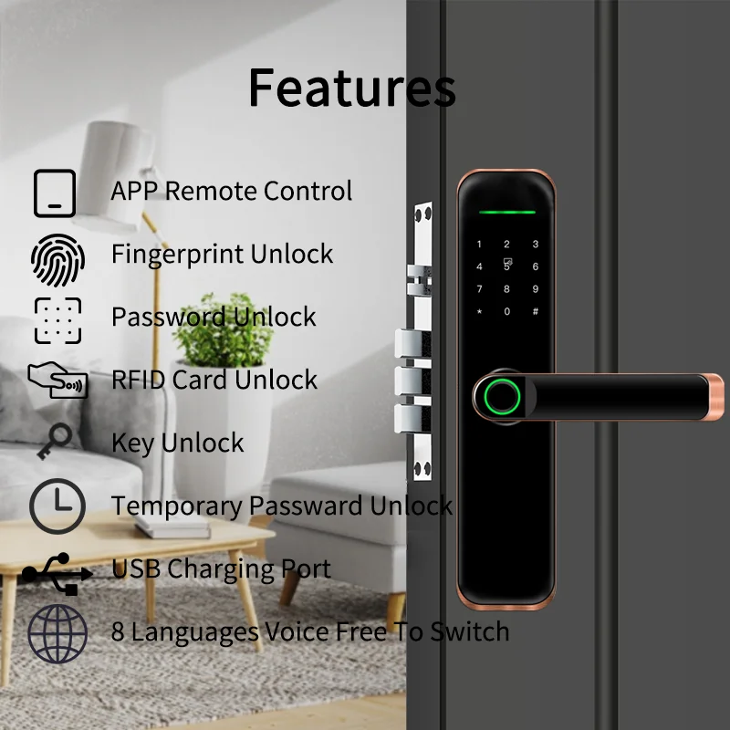 Tuya WiFi Smart Door Lock Biometric Fingerprint Lock App Remote Unlocking Keyless Lock Electronic Smart Home Lock
