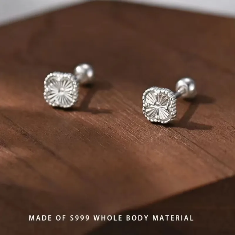 

S999 Sterling Silver Four-leaf Clover Ear Studs Korean Sweet Jewelry Design Threaded Ear Caps Exquisite Ladies' Jewelry Gift