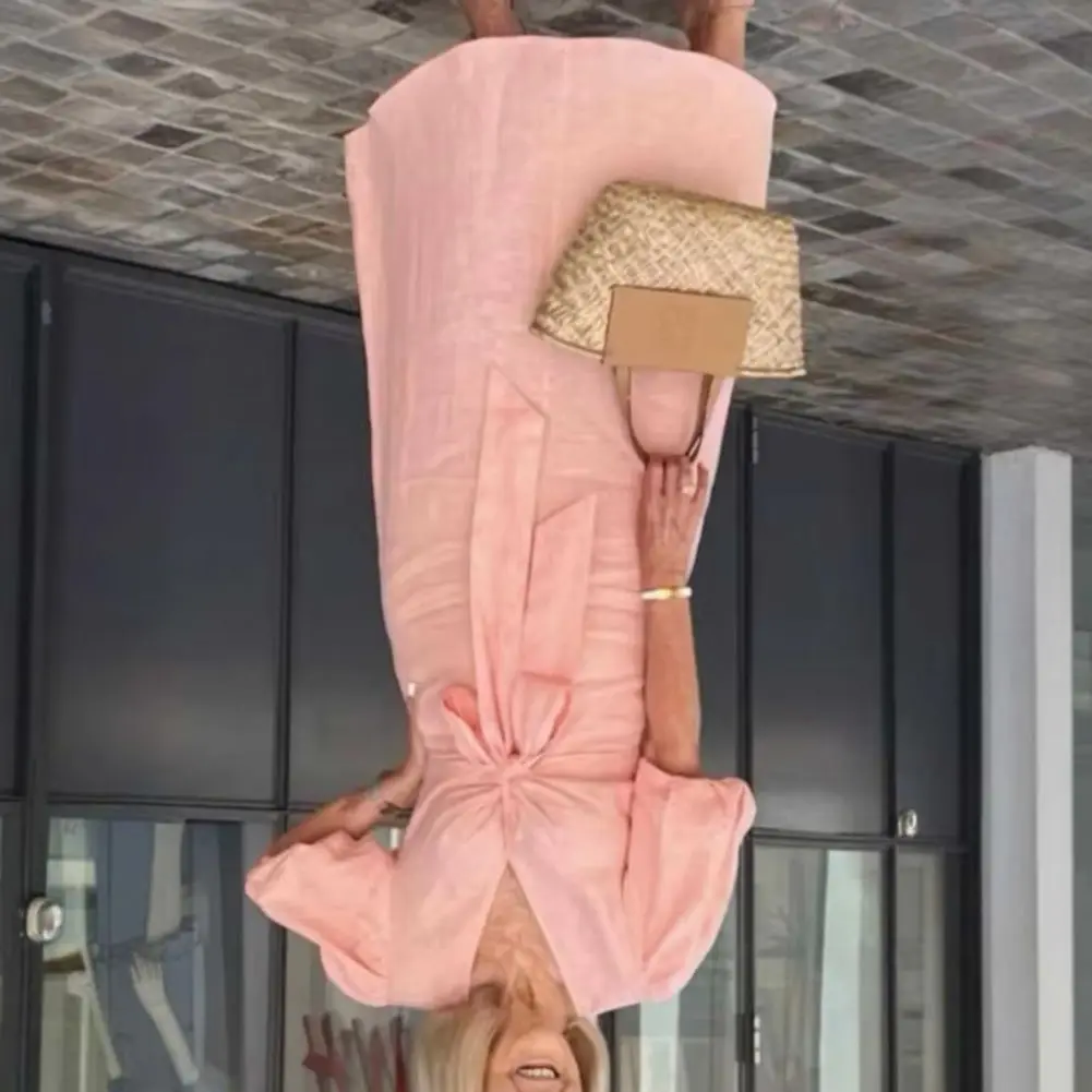 

Women Dress Lace-up Waist Dress Summer Maxi Dress with V Neck Lace-up Waist Bubble Sleeve Solid Color Loose Long for Life Party