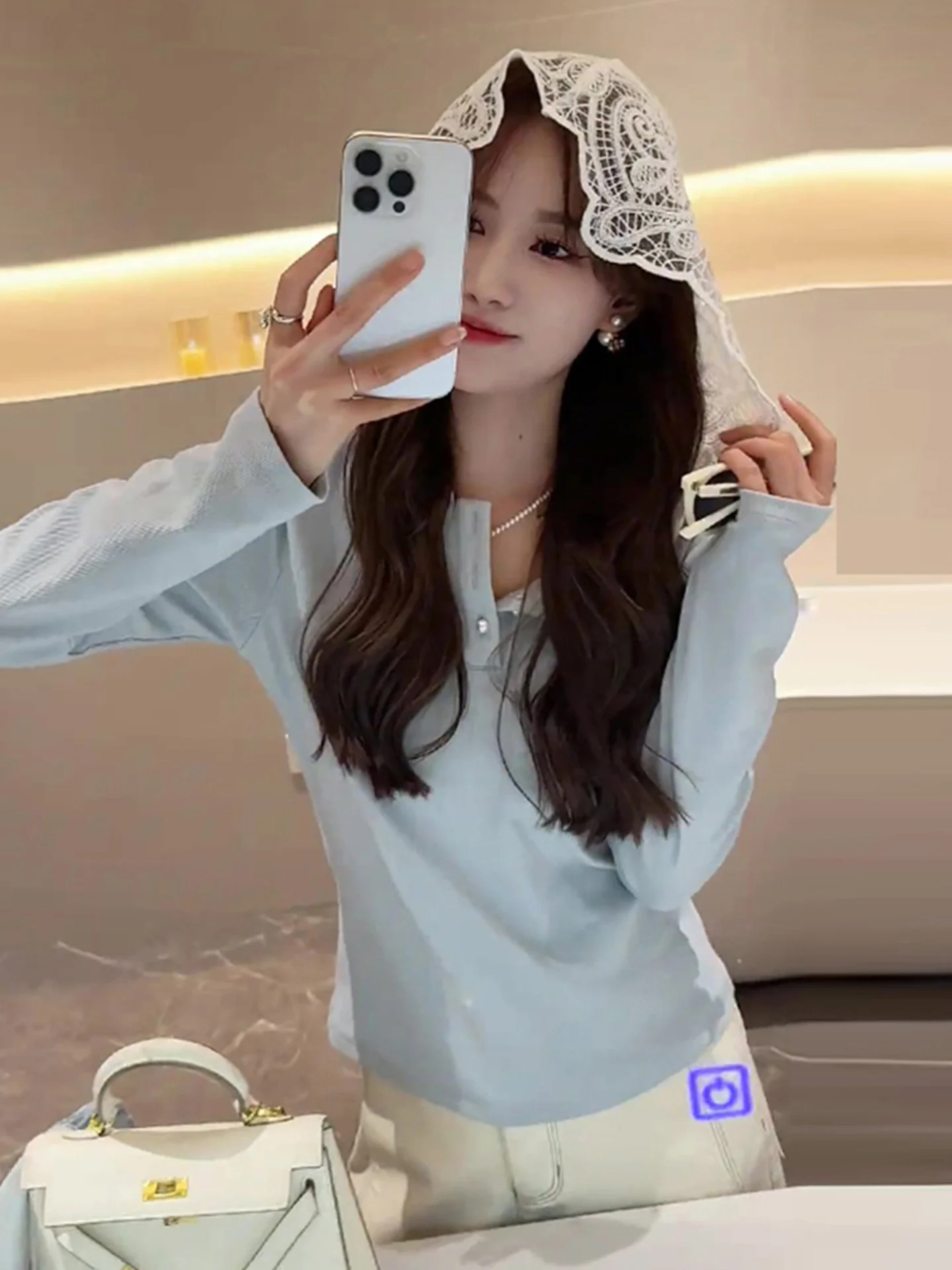 

Sweet Sle Lace Patchwork Hooded Slimming Long Sve Base irt Early Autumn Faionable T-irt Soft Korean Straight Cut K...