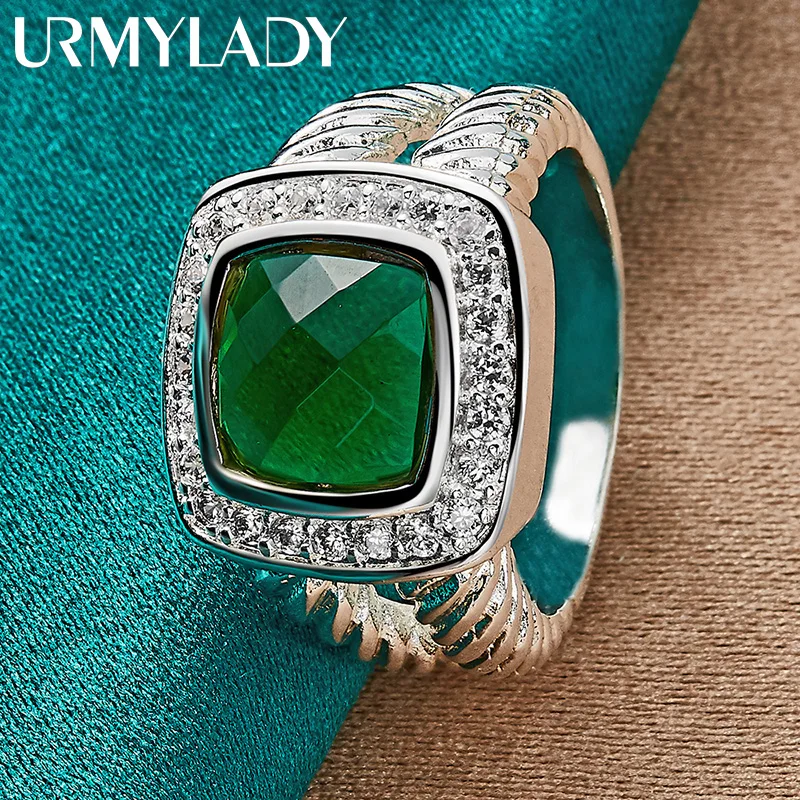 URMYLADY 925 Sterling Silver Square Green Zircon 7-10 #   Pierścionek dla kobiet ślubny urok zaręczynowy biżuteria