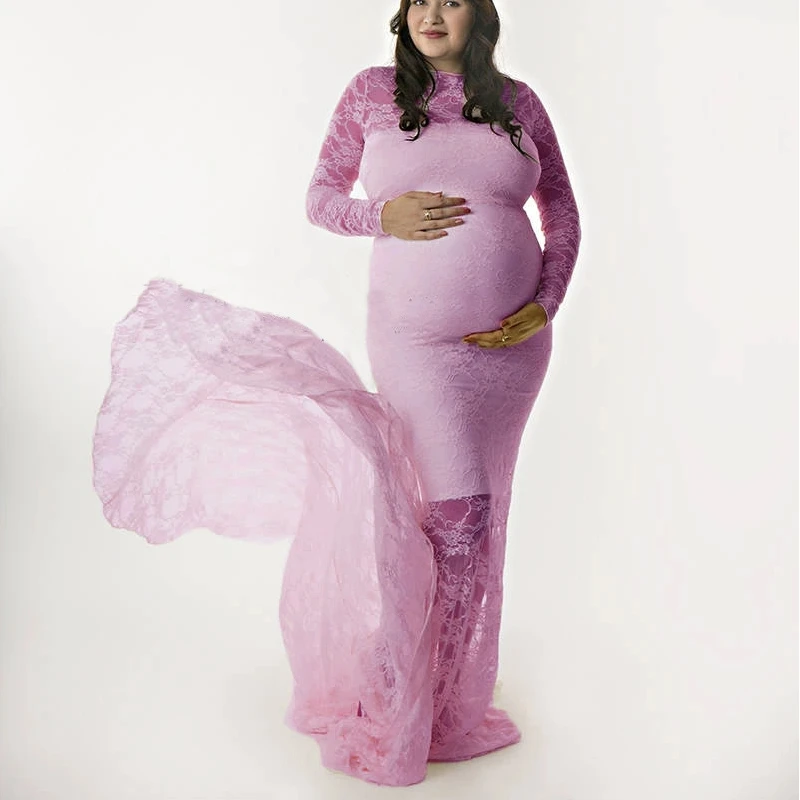 

Lace Maternity Wedding Dress with Train Long Sleeve Photography Gown for Pregnancy Women Photography Baby Show