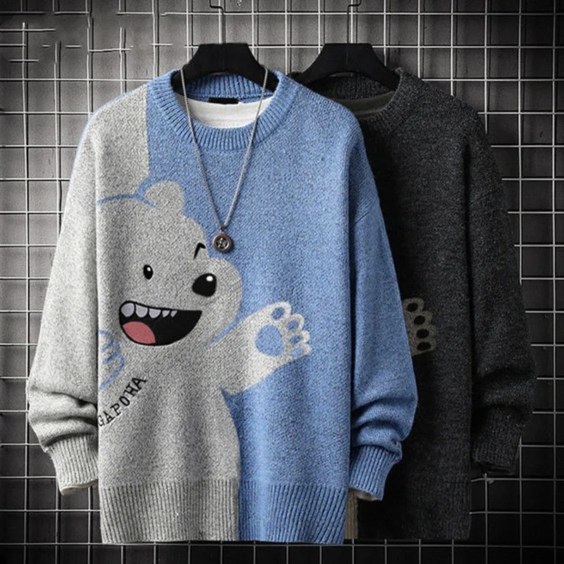 

Loose Japanese Sle Men's Sweater Thiened Autumn Winter Knitted irt Versatile Casual Long Sve Crew Ne Color