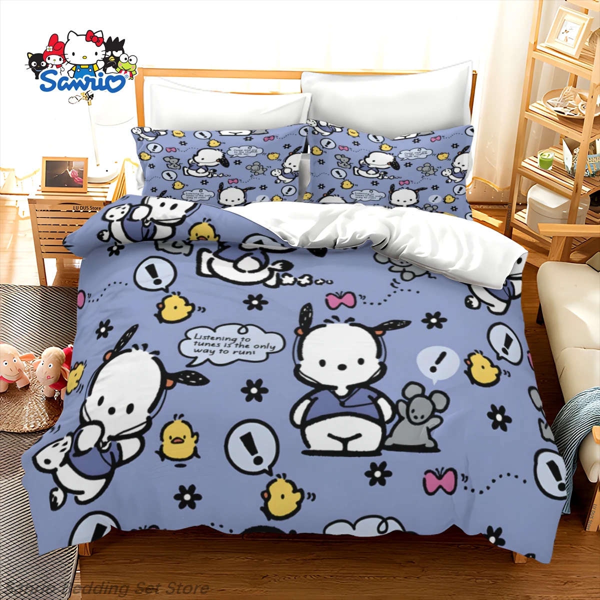 

Sanrio Pochacco Dog Bedding Set Kawaii Anime Duvet Cover with 2 Pillowcases for Girls Kids Room Decor Birthday Gift Queen King