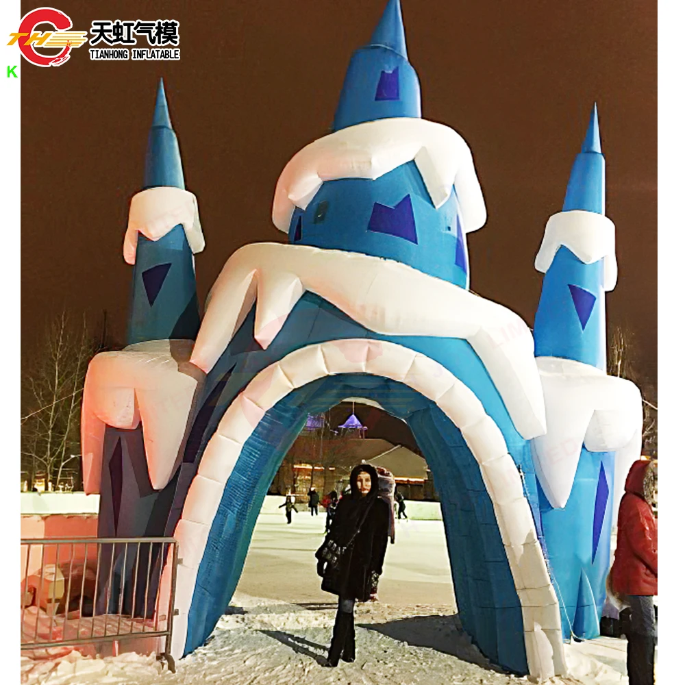 Envío rápido, 5mH, castillo de hielo inflable, arco de túnel, tienda de túnel inflable de copo de nieve de invierno personalizada con soplador