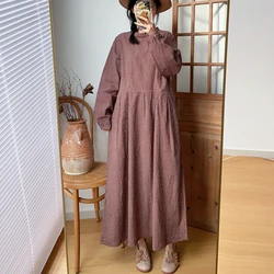 Johnature Spring New Cotton Linen Japanese Plaid Dresses 2024 Vintage O-neck Loose Simple All Match Bandage Women Dress