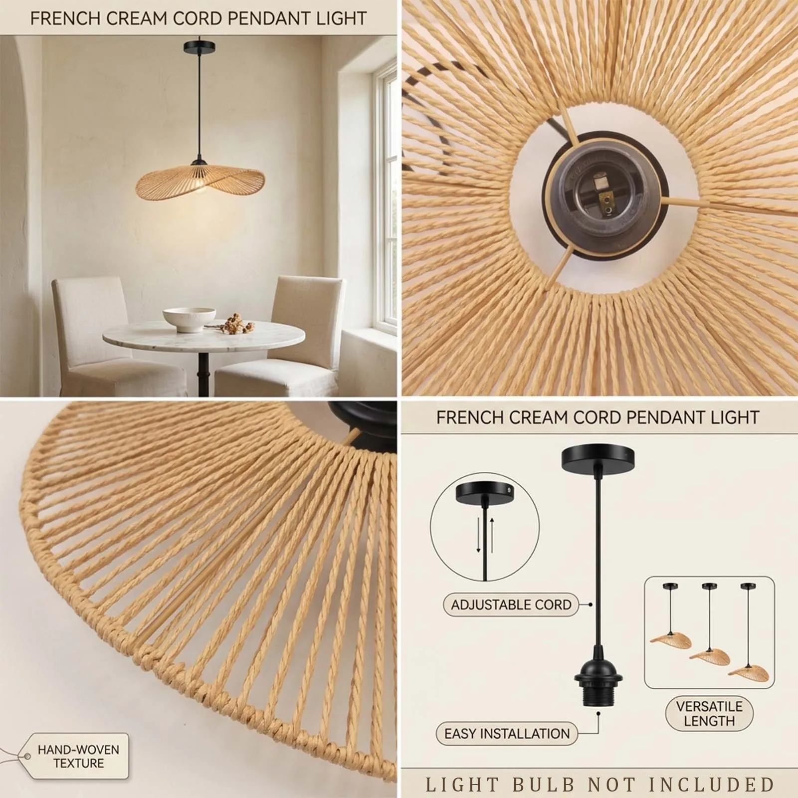 Pendant Light, Natural Rattan Woven Shade, Flat Wavy Disc, Hand-Woven, E27, French Cream, Dining Room Bedroom
