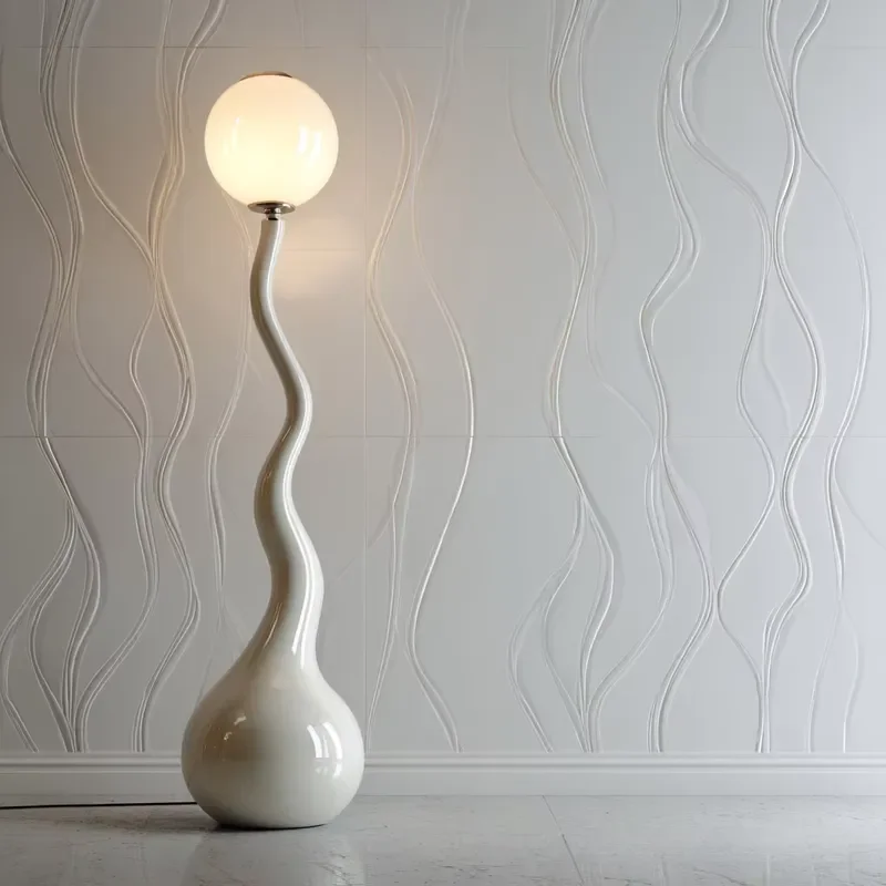 Modern PETG Large Floor Lamp White Wavy Base Fabric Shade LED E26 6000K Touch Control 3D Printed CRI90 for Home Living Room