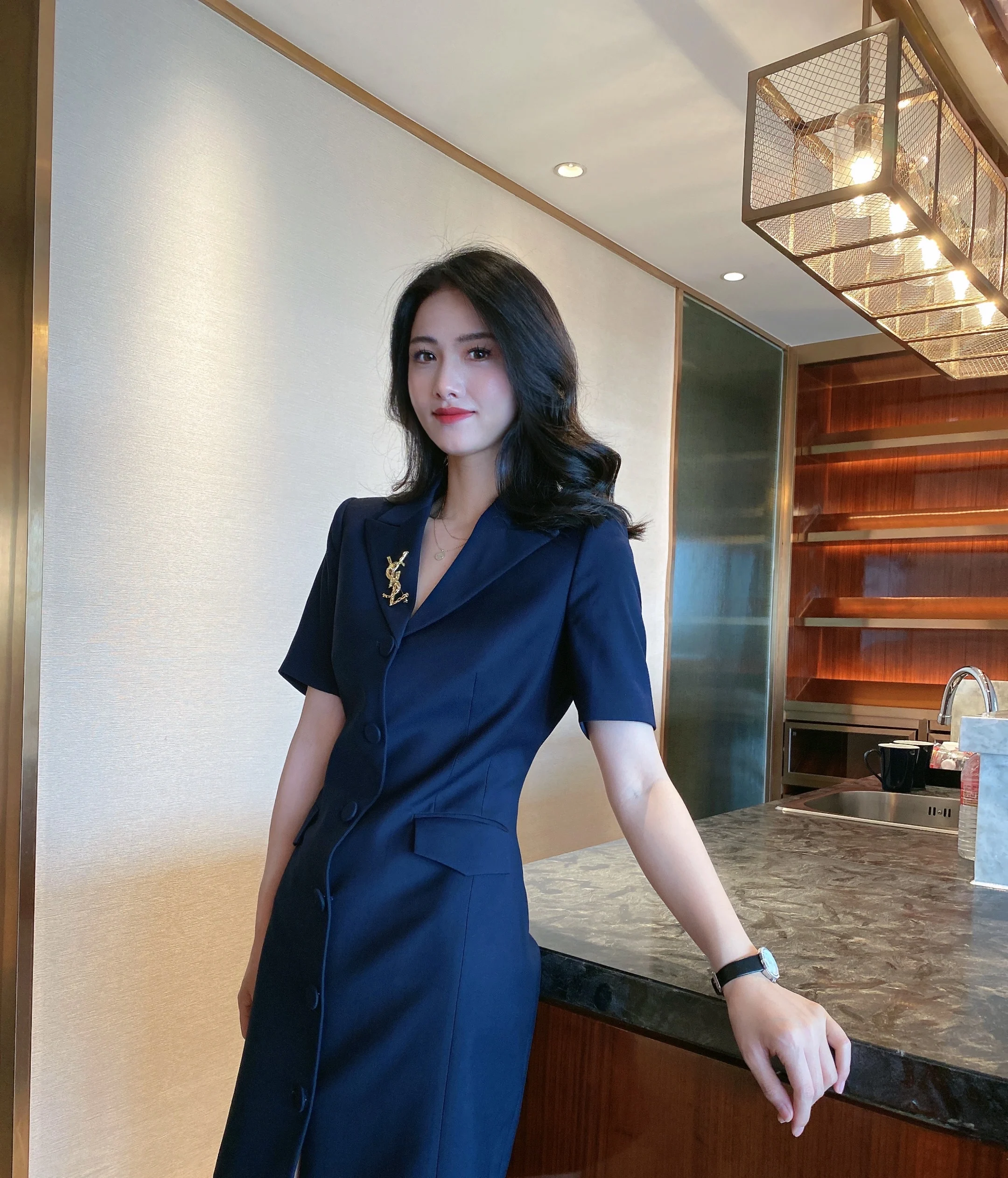 

Summer Navy Blue ort Sve Slimming Profional Dr Ele Office Wear Simple Design Single Button Closure Regular Length