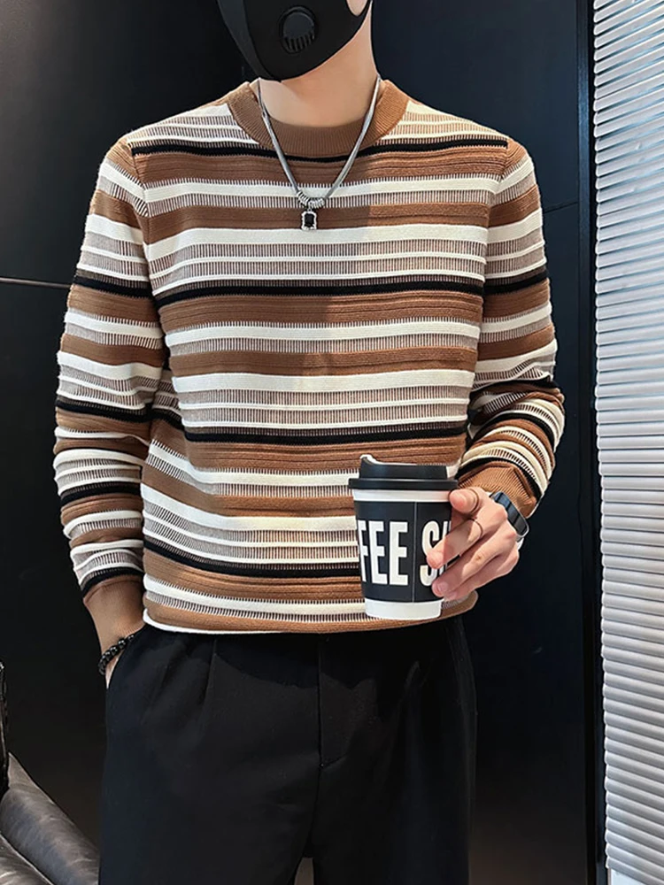 

Мужской полосатый трикотажный свитер с длинным рукавом, зимний, новый, повседневный, приталенный, базовый слой, модный брендовый, с круглым вырезом, средней толщины