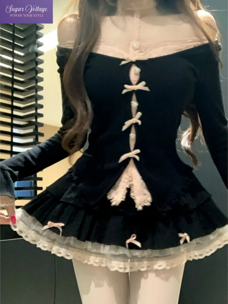 

Корейский милый элегантный комплект из 2 предметов, женский вязаный топ на шнуровке с бантом + мини-юбка, тонкая повседневная уличная одежда для девочек, модный наряд