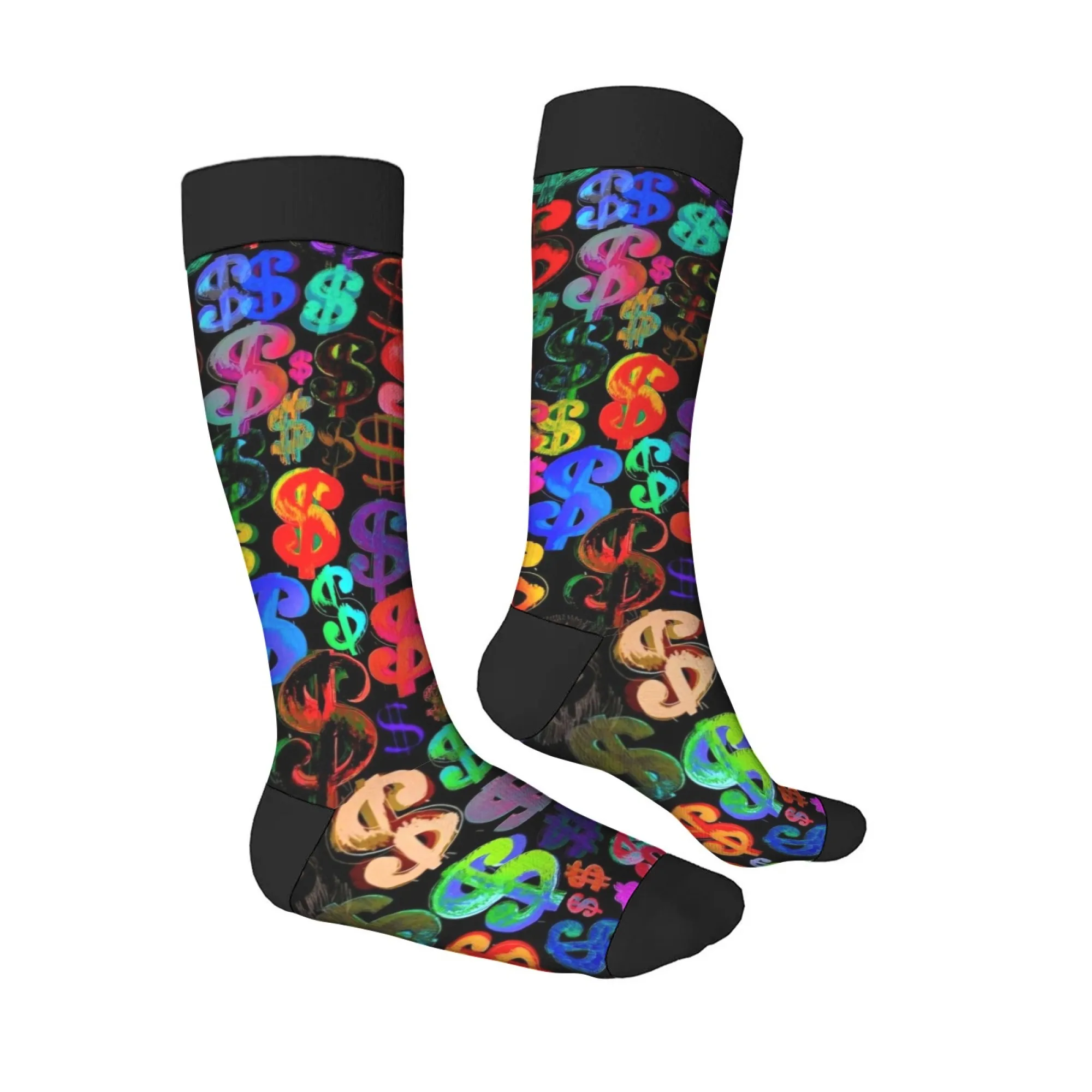 

Trendy Hip-hop Knee-high Socks Rainbow Dollar Signs Splatter Paint Effects & Oversized Logos for Bold Urban Street Style