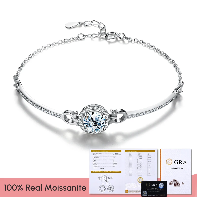 GRA Certified Moissanite Diamond Round Tennis Bracelet for Women Geometric Shape Bangles 925 Sterling Silver Luxury Fine Jewelry