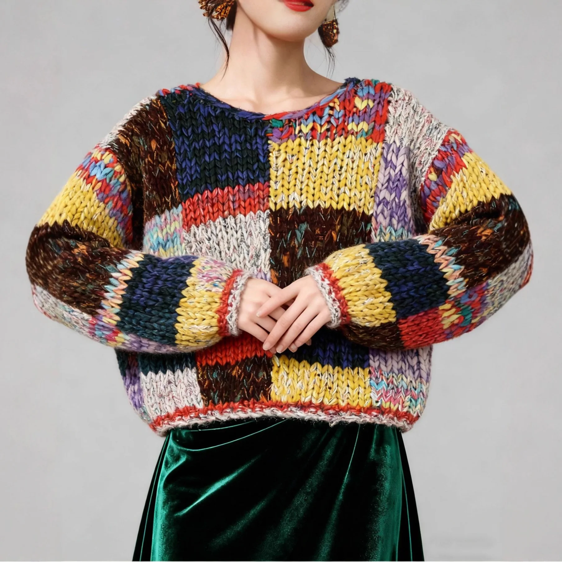 

Rainbow Stitching Heavy Industry Hand-woven Thick Stick Needle Plaid Pullover Sweater Sweater Jacket Women's Top