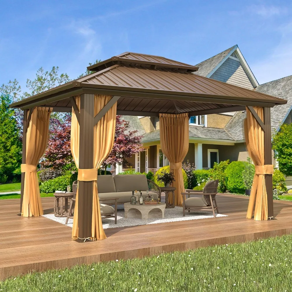 

10' X 12' Outdoor Gazebo, Galvanized Steel Double Roof Gazebos, Outdoors Metal Pavilion with Curtain and Netting, Outdoor Gazebo