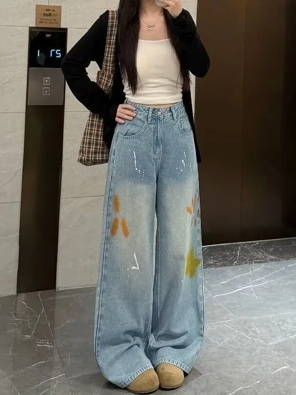 Retro American Large Size Denim Jeans Women's High Waist Wide Leg Pants Worn Washed Design Graffiti Sensation Floor-Length