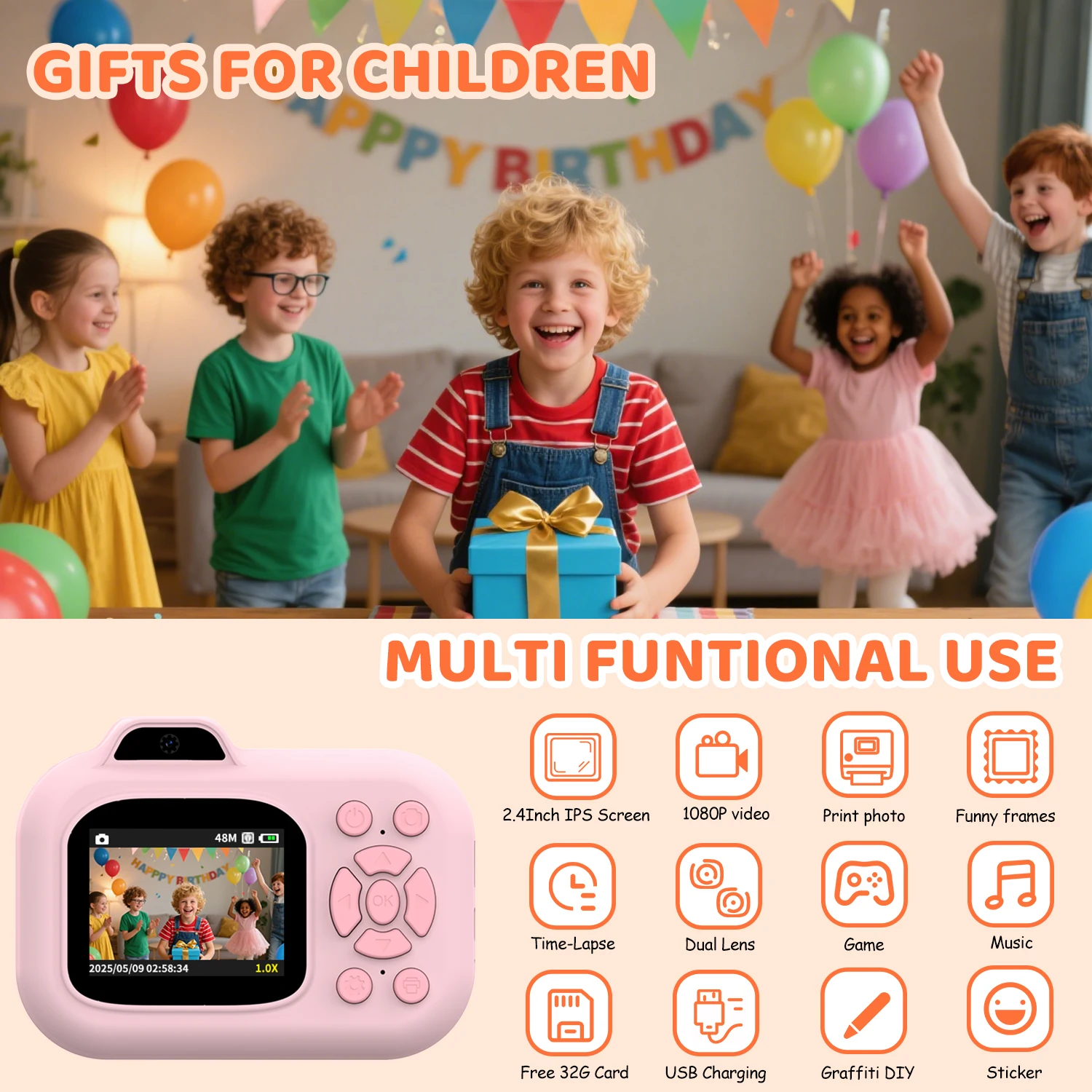 Crianças câmera de impressão instantânea foto 1080p hd gravação vídeo câmera digital impressora térmica brinquedo educativo presentes aniversário para crianças