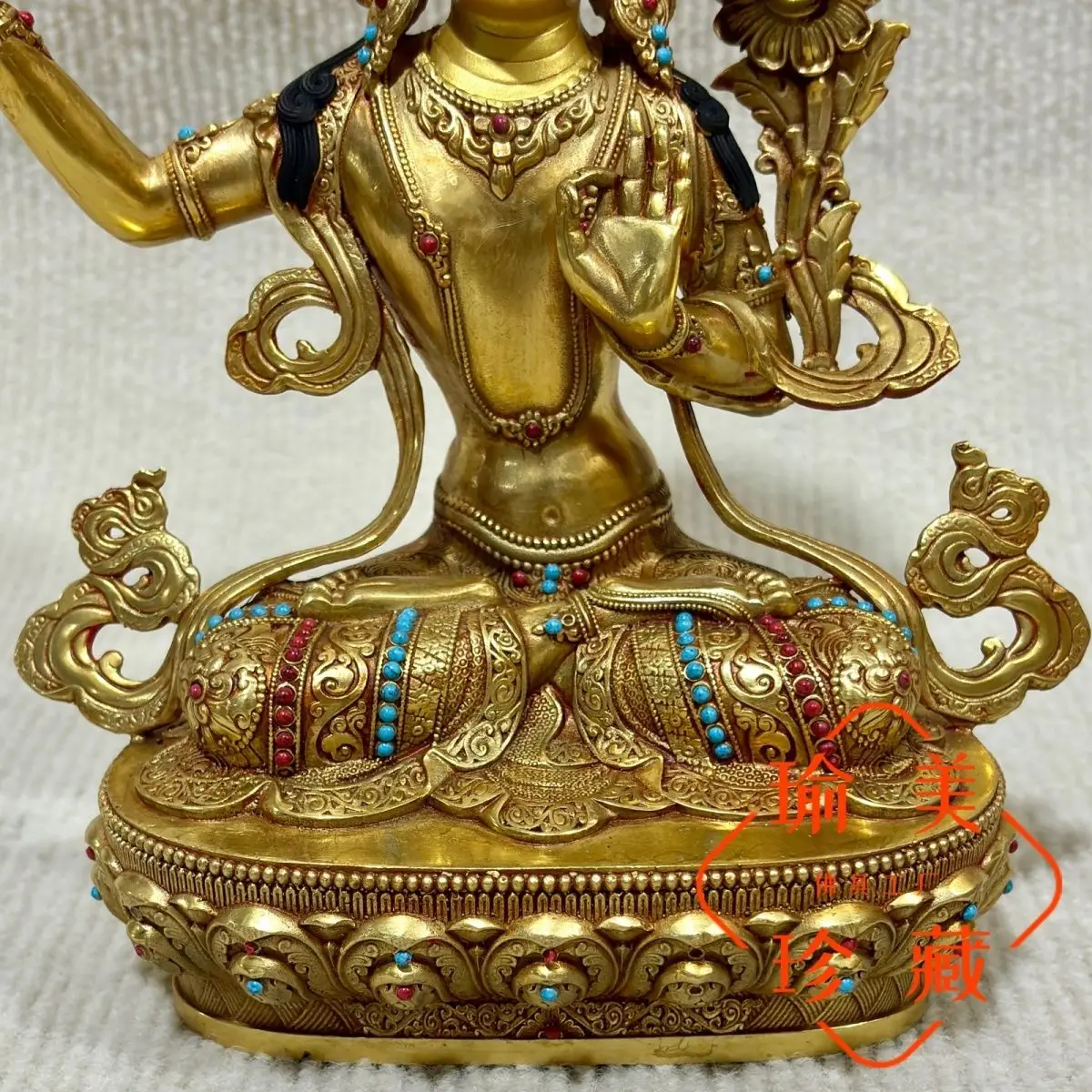 Manjushri Buddha Statue Seiko 7 Inch Backlit with Gemstones 26cm High Tibetan Tantra Bronze Statue Household Buddha Furniture