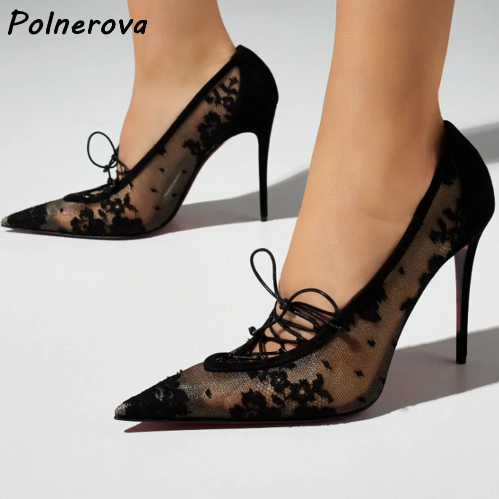 

Black Air Mesh Lace Pumps Pointy Toe Thin Heels Cross Tied Lace Up Shallow Elegant Shoes Women's Sexy Runway Elegant Shoes