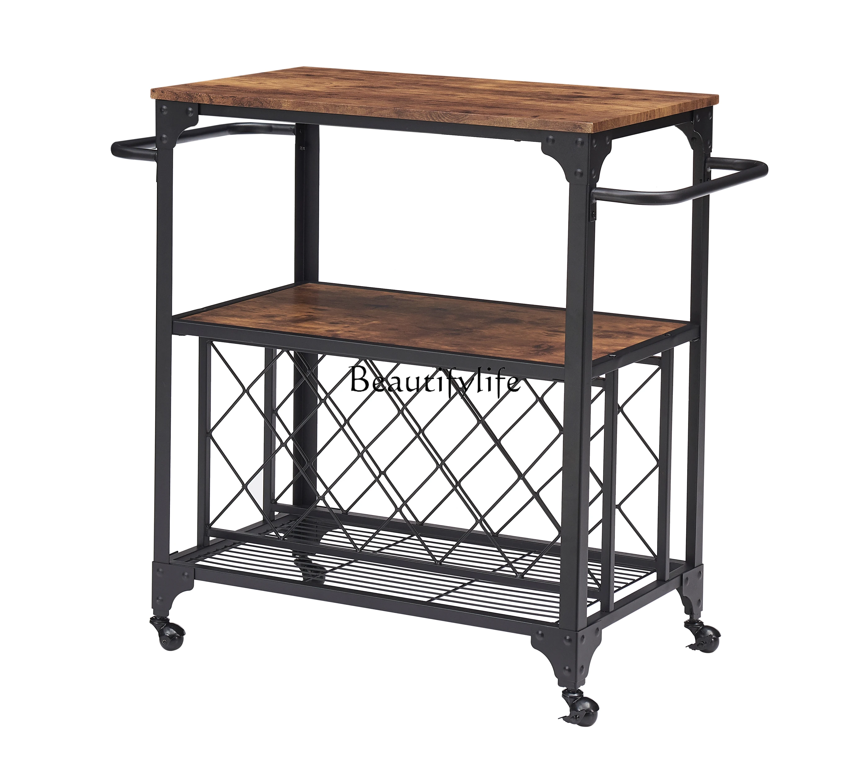 

European three-layer storage with wheel rack, household red wine rack, wrought iron wooden trolley