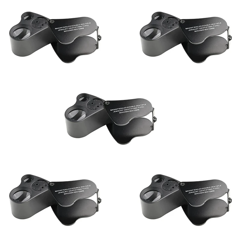 ABP-LED Loupe,30X 60X Illuminated Jewelers Loupe,Foldable Metal Jewelry Eye Loop Magnifier,For Coins Stamps Watches 5Pcs