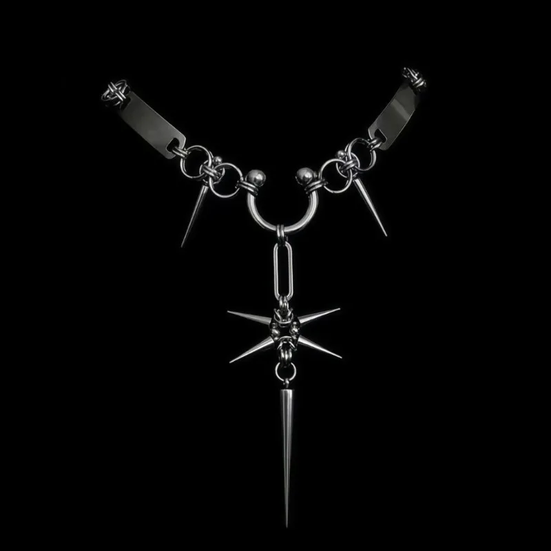 Gothic Silver Spiked Choker Necklace Metal Star Burst Pendant Long Spike Drop Punk Dark Alternative Jewelry Gift For Women Men